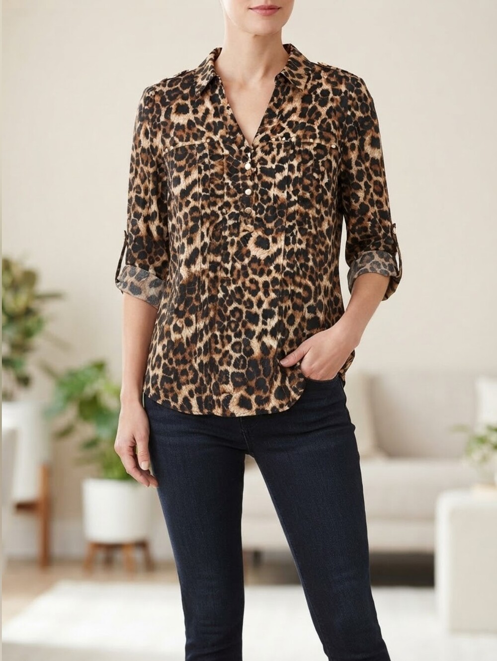 Ava & Grace Petite Leopard Animal Print Blouse Gold Stud Button Top Sz PL
